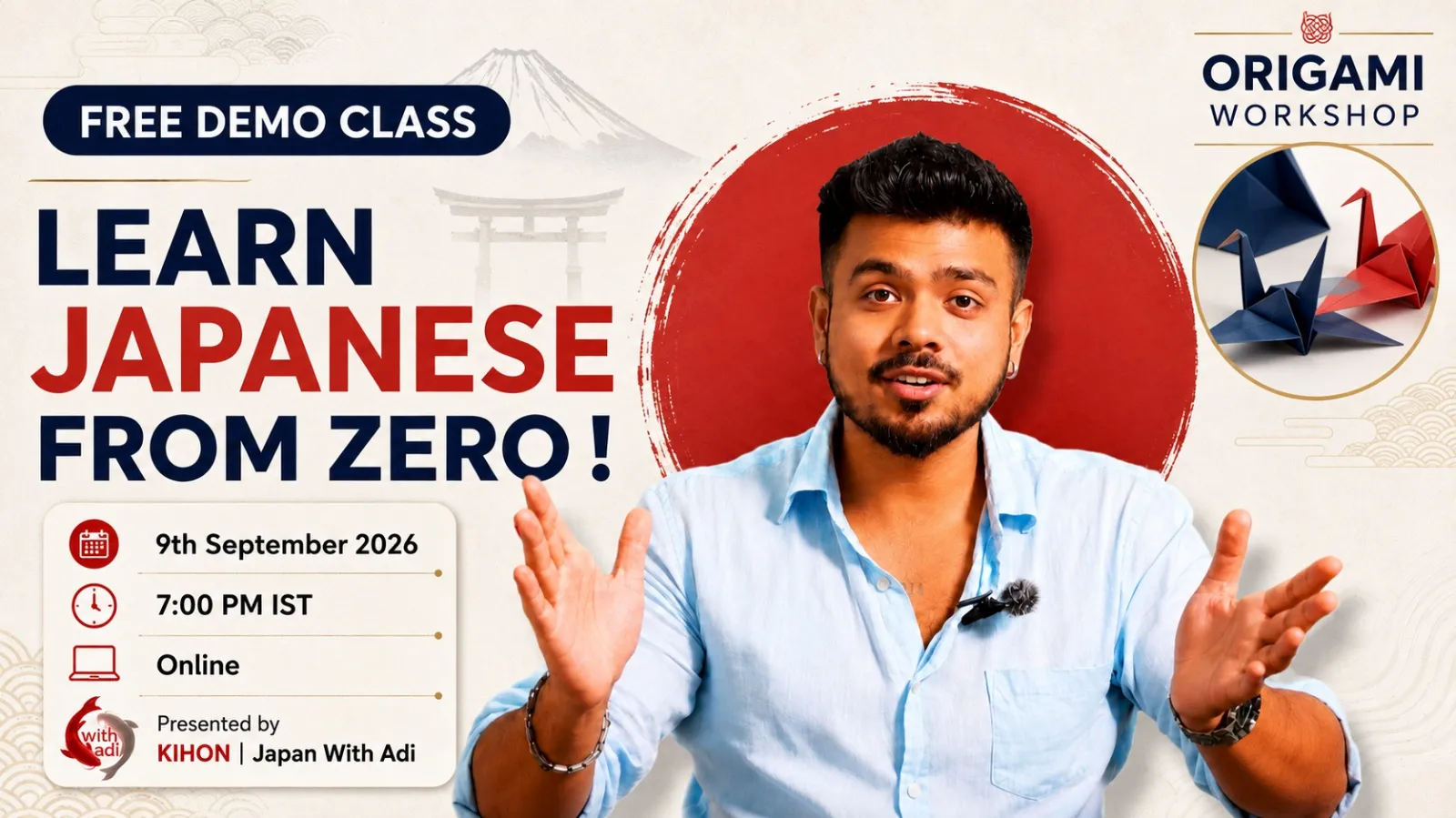 Original JWA Learn Japanese from Zero workshop poster, September 9, 2026